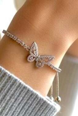 Silver Tone Cubic Zirconia Butterfly Bolo Bracelet